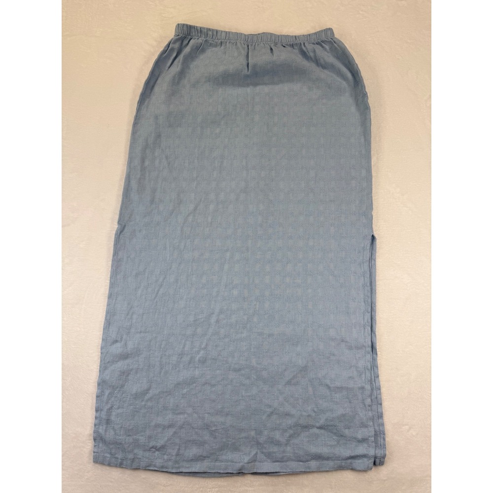 Eileen Fisher Blue 100% Linen Textured Maxi Skirt Elastic Waist Side Slit Large